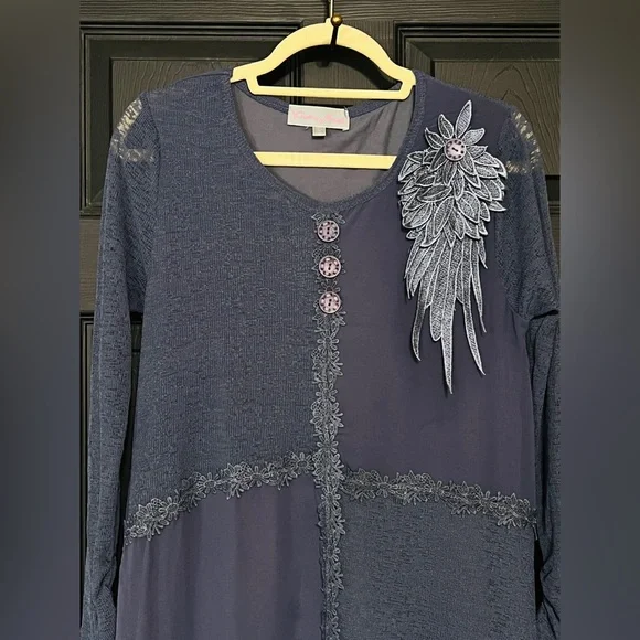 Pretty Angel Navy Patchwork Fringe Dress with Floral Applique - Picture 2 of 9